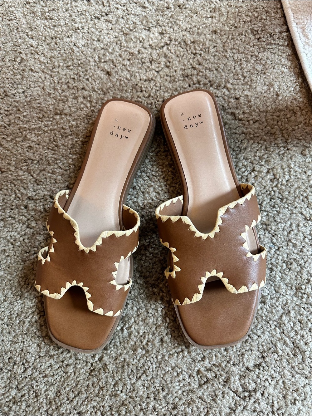 a new day Brown Leather Slip-On Mules with Cream Scalloped Trim